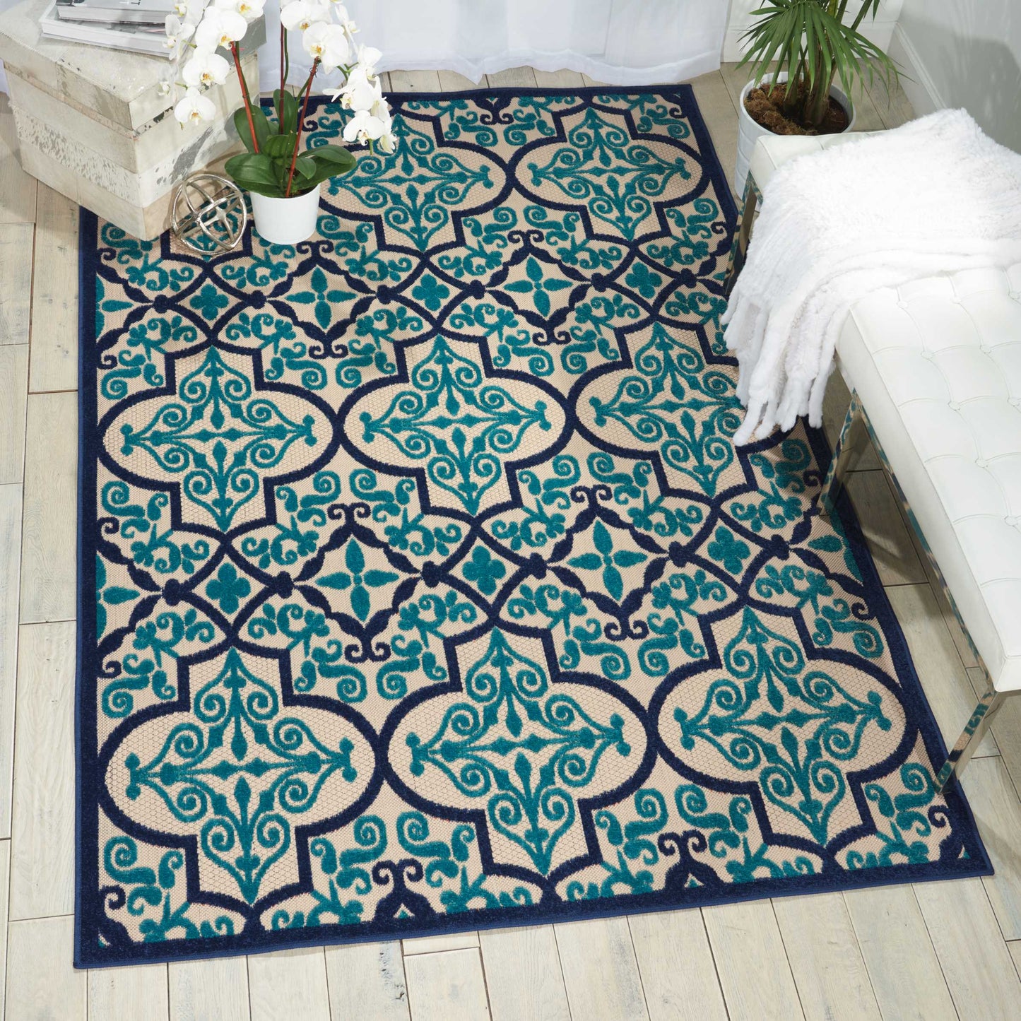 Nourison Aloha ALH14 Dark Blue and Ivory